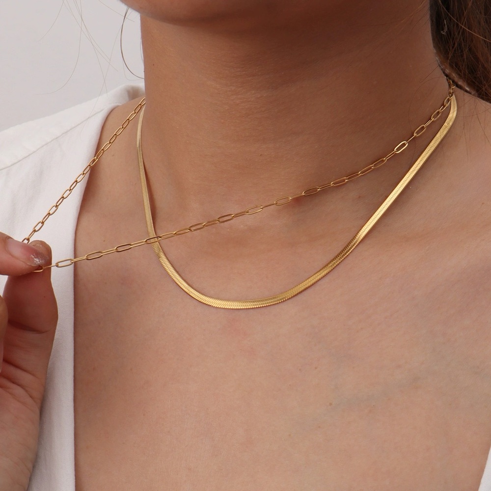 18K Gold Plated Double Layered Necklace*Paperclip Chain Snake Herringbone*YB - Picture 2 of 5